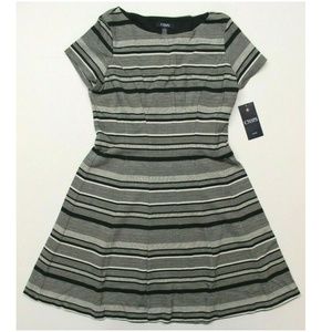 Chaps Striped Fit & Flare Dress Black & White - L